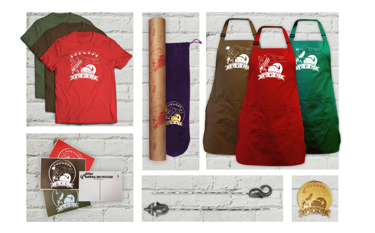 Layout of various narwhal skewer-themed objects. A tshirt, an apron, postcards, and skewers.