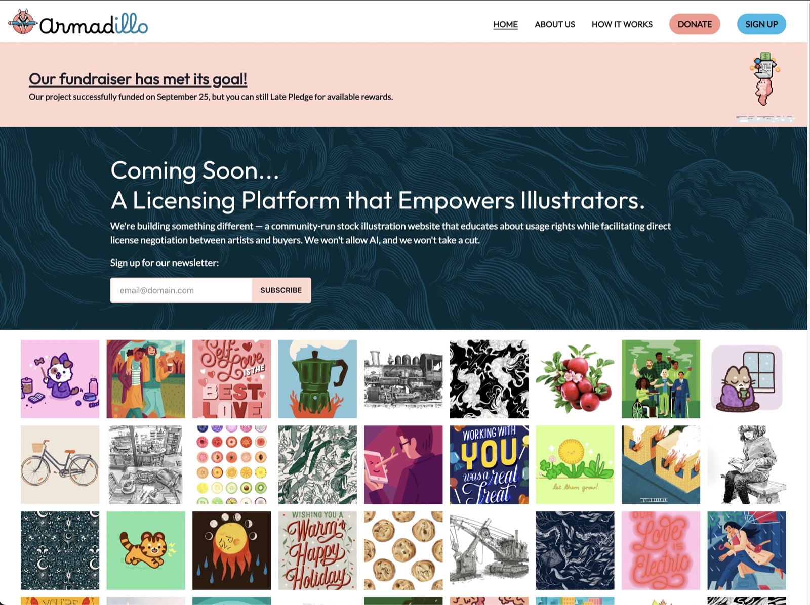 The live Armadillo pre-launch marketing site — a "Coming Soon" page with an early-adopter illustration gallery