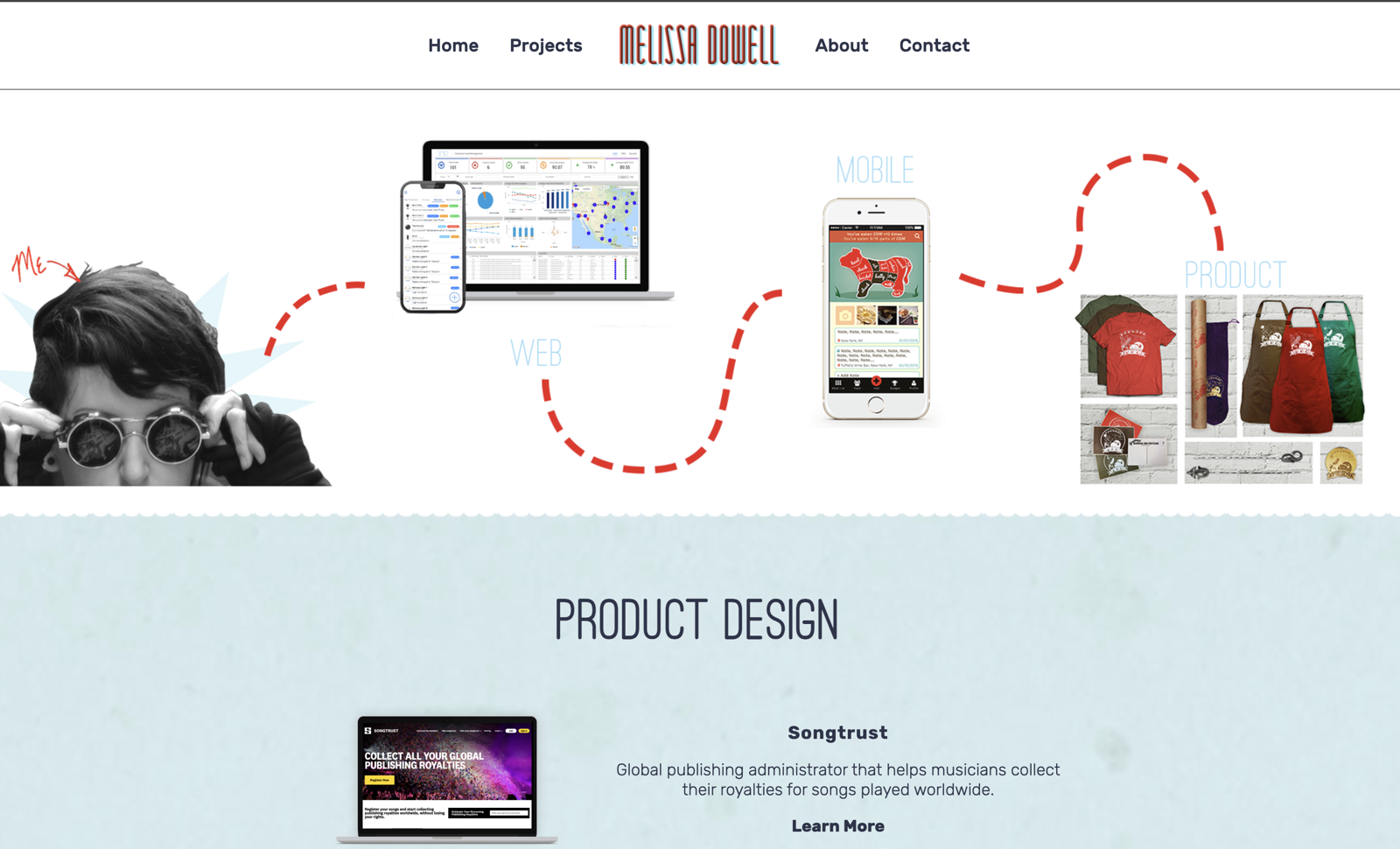 The original melissadowell.com — a hand-illustrated hero linking my web, mobile, and product work