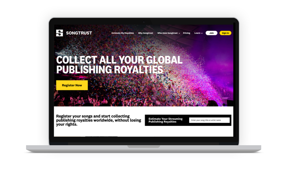 The Songtrust platform, where songwriters register compositions to collect global publishing royalties