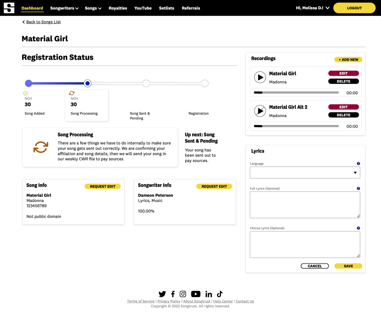 The redesigned song registration page with a step-by-step status tracker