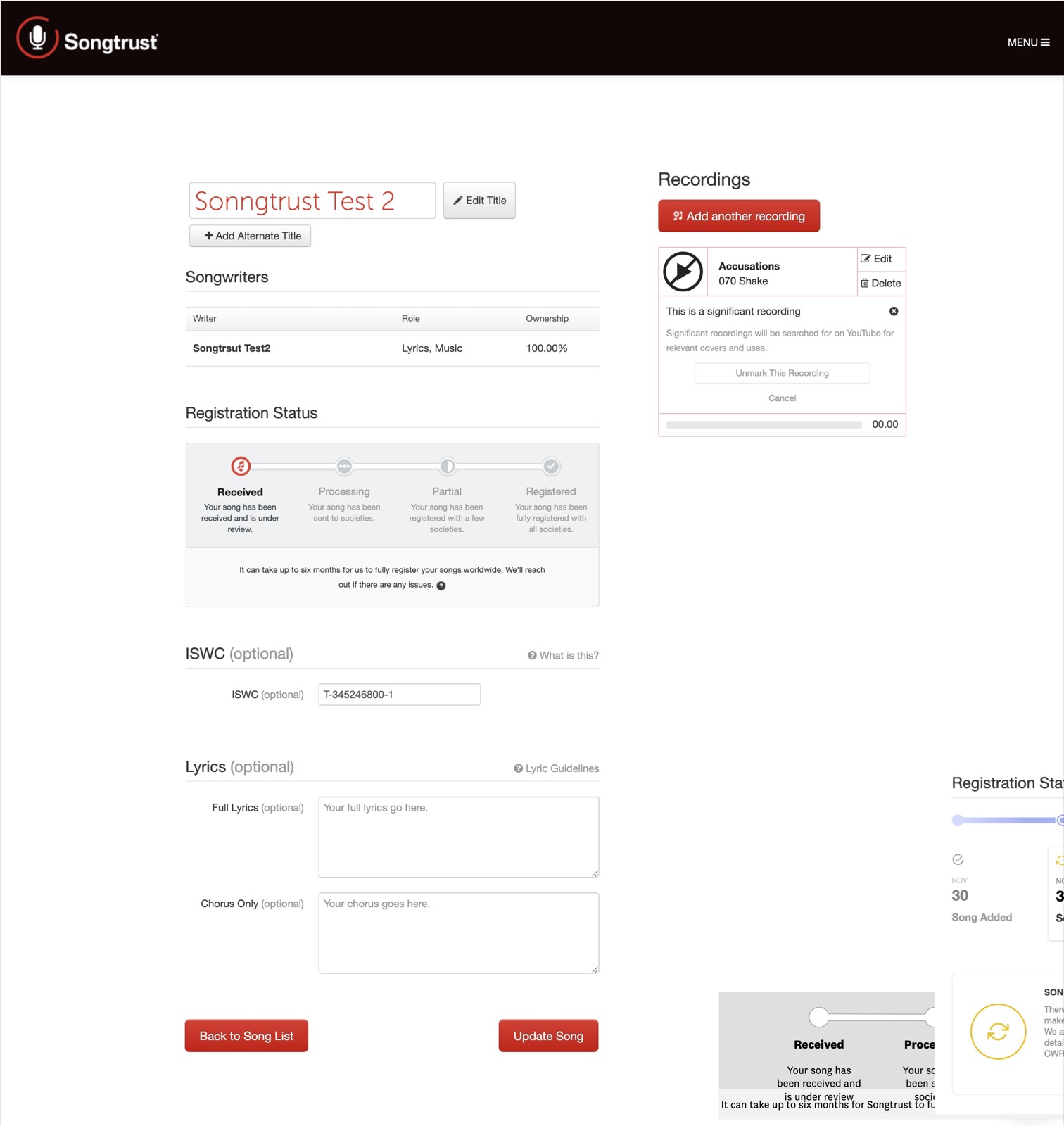 The original song registration page in the previous Songtrust brand