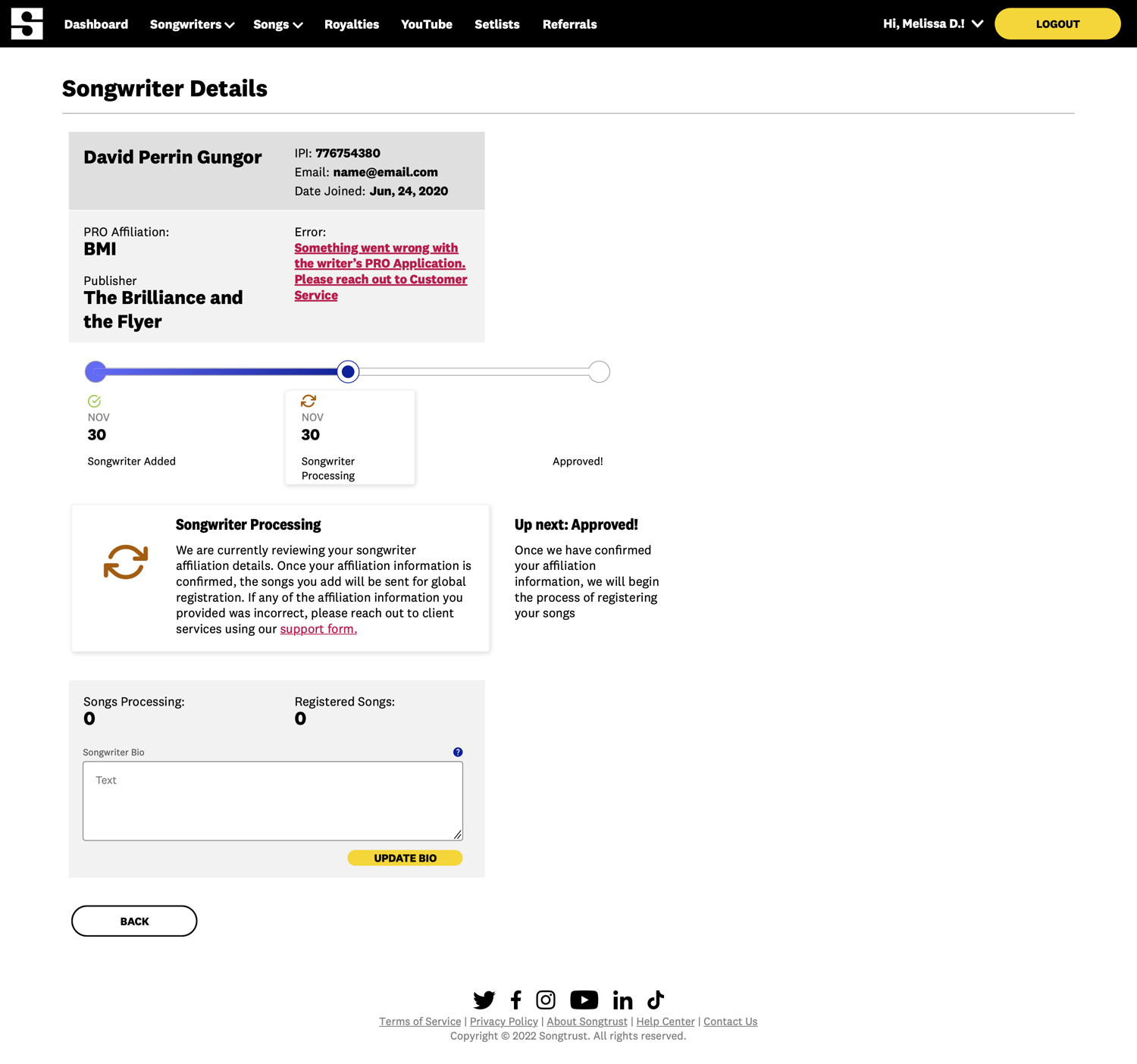 The redesigned Songwriter Details page, with a clear status tracker and error messaging
