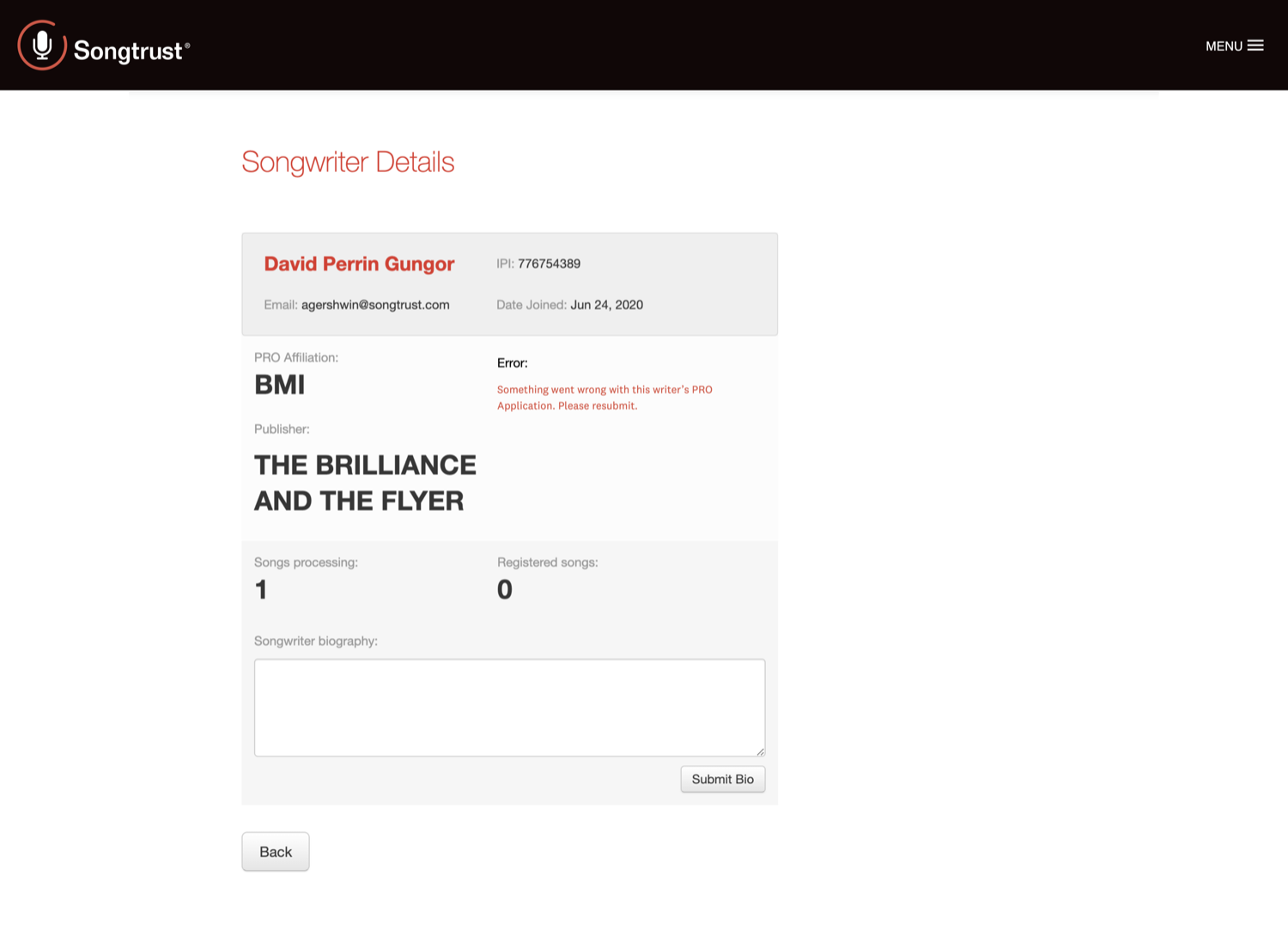 The original Songwriter Details page in the previous Songtrust brand