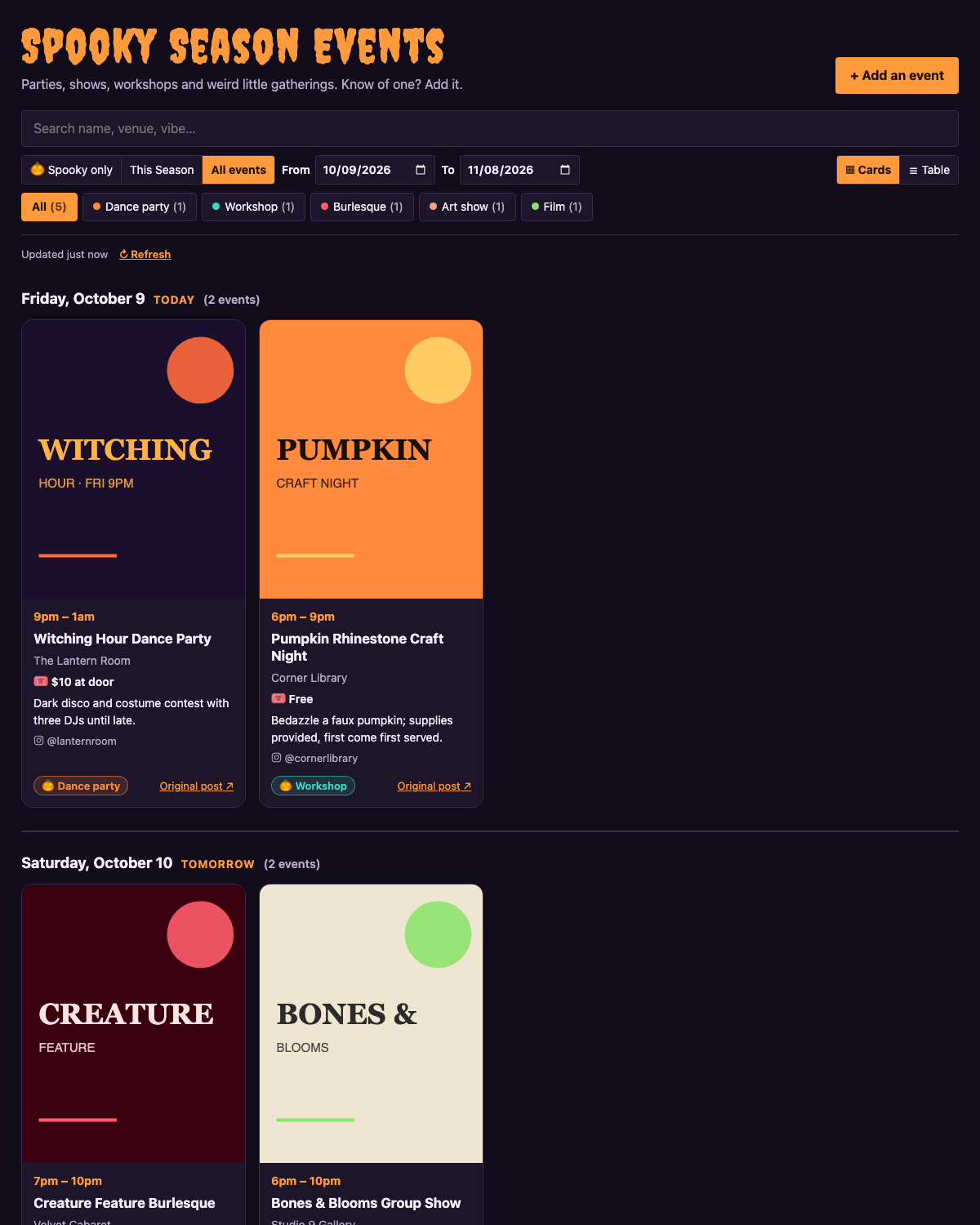 The public page: Halloween events grouped by day, with fliers, times, prices and color-coded type tags